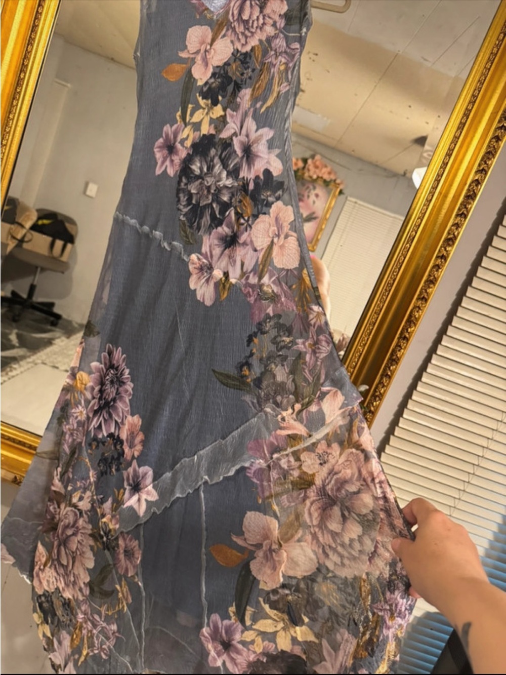 Floral Voile Maxi Dress in Slate Gray and Blush